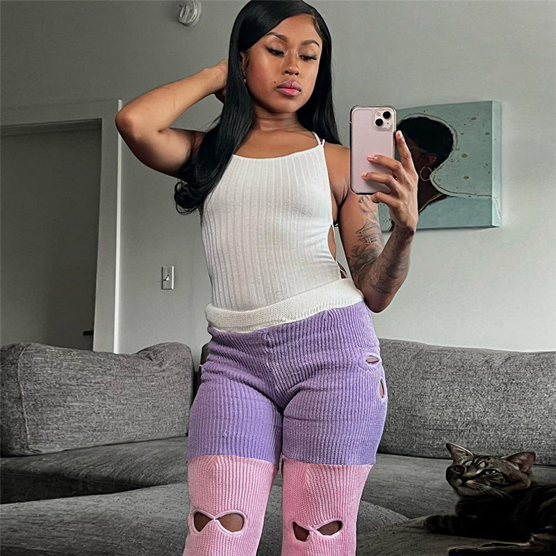 Fall Women's Clothing New Contrast Color Knitted High Waist Straight Casual Pants