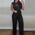 Summer Sleeveless Suit Fashion Round Neck Vest Top And Pocket Straight Pants Casual Trousers Set For Women Clothing