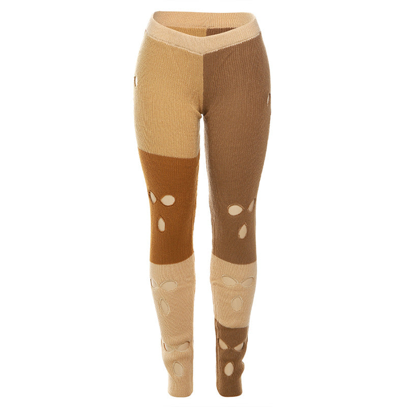 Fall Women's Clothing New Contrast Color Knitted High Waist Straight Casual Pants