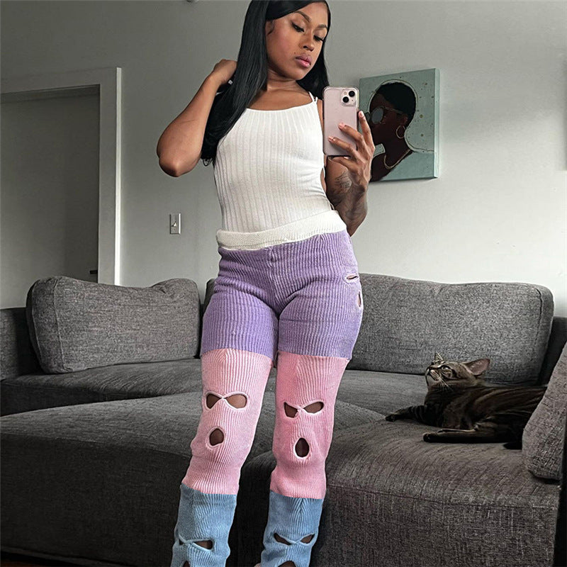Fall Women's Clothing New Contrast Color Knitted High Waist Straight Casual Pants