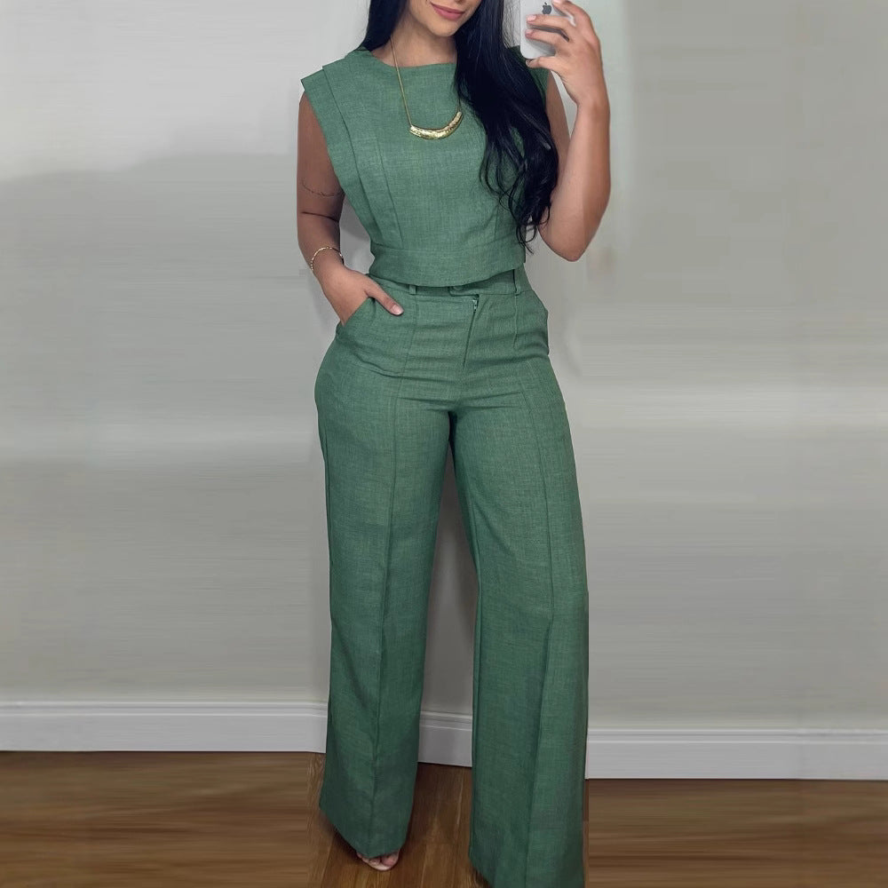 Summer Sleeveless Suit Fashion Round Neck Vest Top And Pocket Straight Pants Casual Trousers Set For Women Clothing